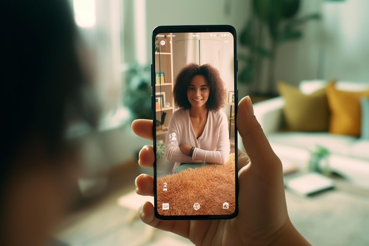 Zdjęcie kobieta w ręku trzymająca smartfon z aplikacją mediów społecznościowych na wyświetlaczu kobieta w ubraniach casual