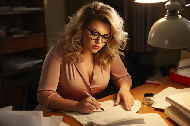 Kobieta w rozmiarze plus pisze papiery i notatki przy biurku