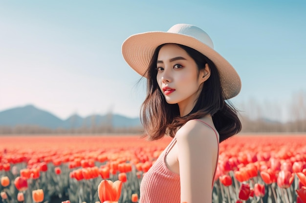 Kobieta w różowej sukience i kapeluszu stoi na polu tulipanów.