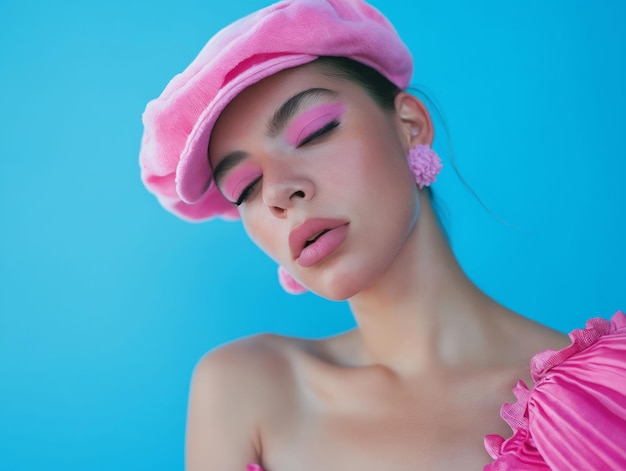 Kobieta w różowej sukience i kapeluszu z makijażem