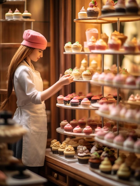 kobieta w różowym kapeluszu patrzy na wystawę babeczek.