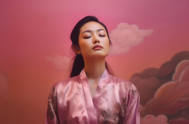 Kobieta w różowym kimonie z zamkniętymi oczami i zamkniętymi oczami.