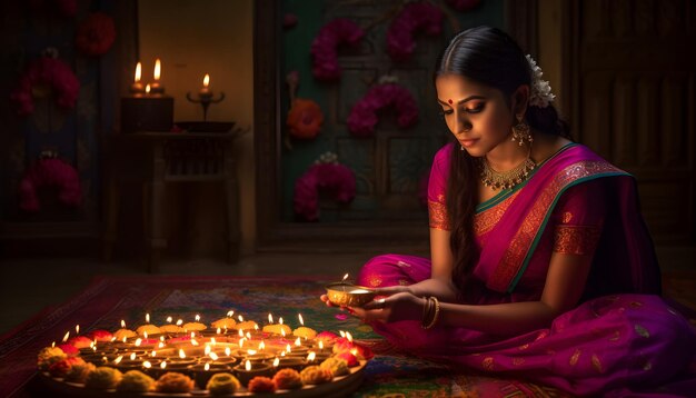 Kobieta w różowym sari zapala świecę przed lampą z napisem diwali.