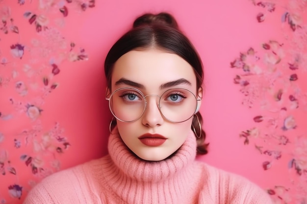 Kobieta w różowym swetrze i okularach na twarzy