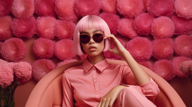 Zdjęcie kobieta w różu z różowymi włosami w okularach przeciwsłonecznych