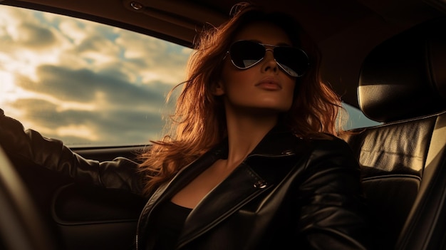 kobieta w samochodzie w okularach przeciwsłonecznych i skórzanej kurtce.