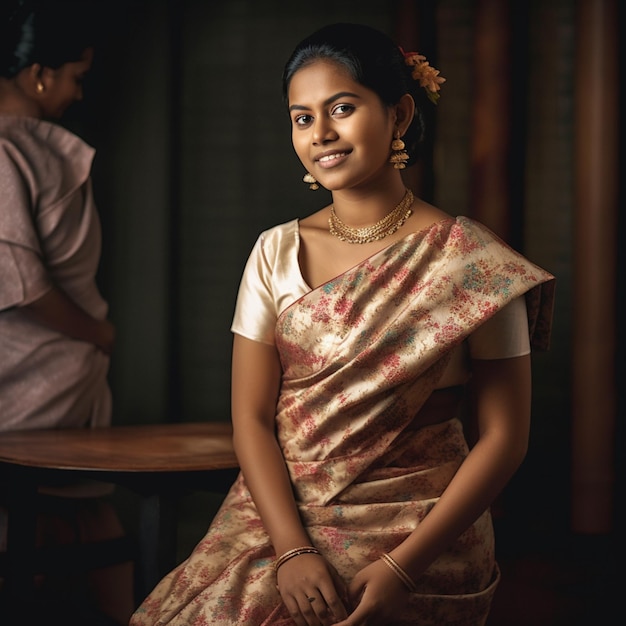 Kobieta w sari siedzi na stole przed kobietą w ciemnym pokoju.