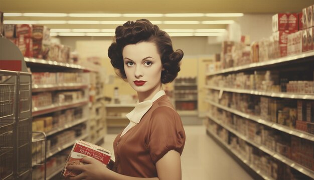 Kobieta w sklepie spożywczym vintage design Retro Dziewczyna z artykułami spożywczymi Zdrowe jedzenie Pop Art Shopping