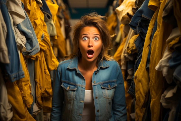 Zdjęcie kobieta w sklepie z odzieżą zaskoczona ceną