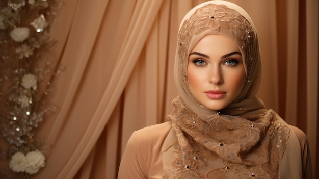 Kobieta w skomplikowanym złotym hidżabie