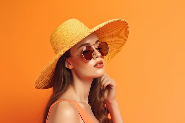 Kobieta w słomkowym kapeluszu i okularach przeciwsłonecznych na jasnym pomarańczowym tle