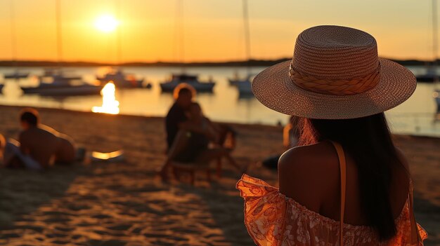 kobieta w słomkowym kapeluszu i szklance gazowanej pomarańczowej wody na drewnianym blacie na plaży