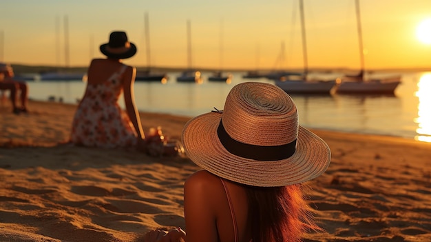 kobieta w słomkowym kapeluszu i szklance gazowanej pomarańczowej wody na drewnianym blacie na plaży