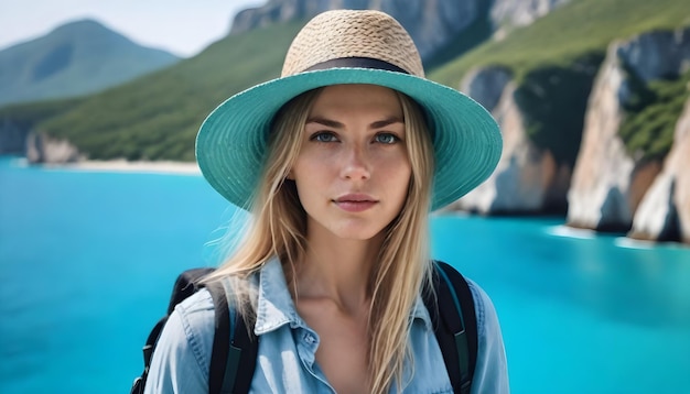 Zdjęcie kobieta w słomkowym kapeluszu stoi przed plażą z niebieskim oceanem na tle