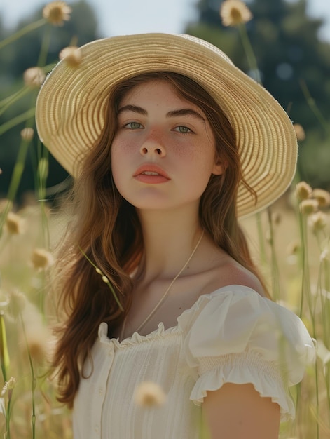 Kobieta w słomkowym kapeluszu stojąca na polu wysokiej trawy
