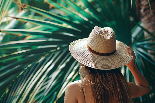 Kobieta w słomowym kapeluszu stoi przed dużymi liśćmi palmowymi Zdjęcie od tyłu