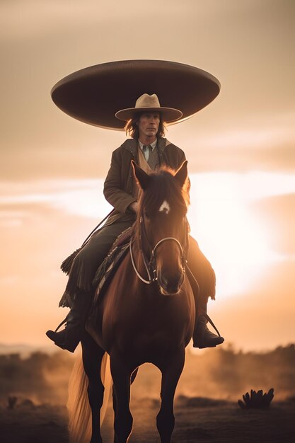 Kobieta w sombrero jedzie na koniu, a za nią zachodzi słońce.