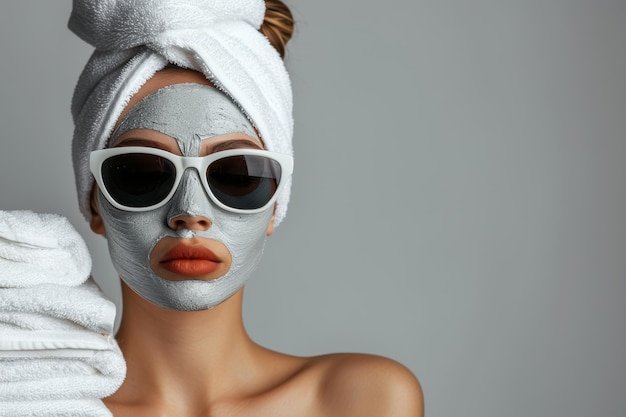 kobieta w spa relaksuje się z ręcznikami i maską na twarz