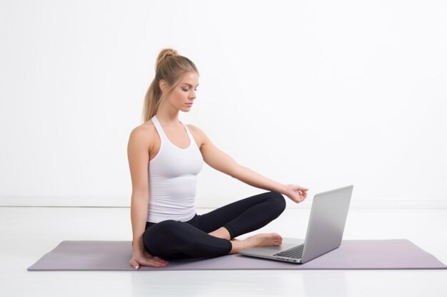 Kobieta w spodniach do jogi i macie do jogi medytuje przed laptopem.
