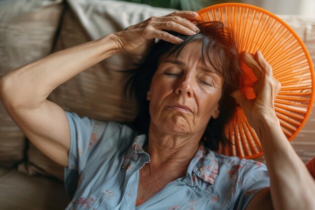 Zdjęcie kobieta w średnim wieku cierpi z powodu upału w domu bez klimatyzacji