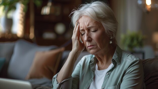 Zdjęcie kobieta w średnim wieku i starsza babcia cierpiąca na bóle głowy związane z komputerem