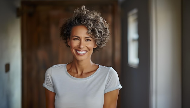 Zdjęcie kobieta w średnim wieku z krótkimi kręconymi szarymi włosami uśmiecha się szczęśliwie wyrażając młodość i radość w zwykłej koszulce
