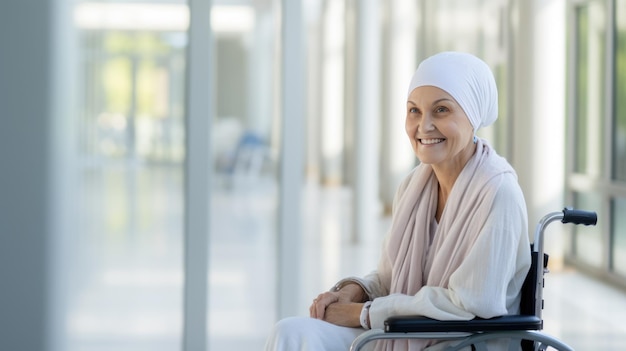 Kobieta w średnim wieku z rakiem, nosząca chustę na głowie, siedzi na wózku inwalidzkim w szpitalu. Utworzono za pomocą technologii Generative AI