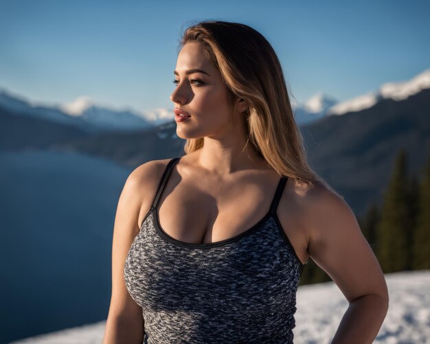 Zdjęcie kobieta w staniku sportowym stojąca na szczycie zaśnieżonej góry