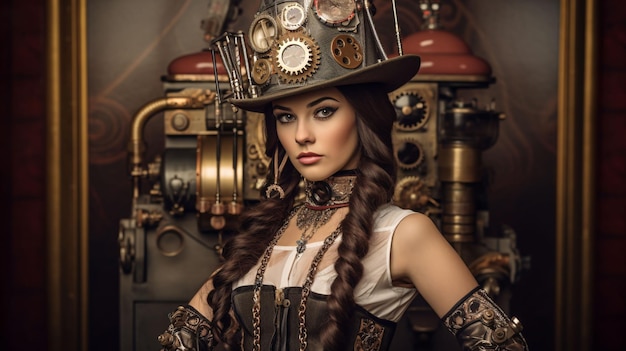 Kobieta w steampunkowej sukience i kapeluszu stoi przed maszyną.