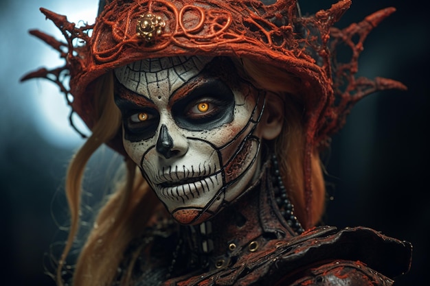 Kobieta w strasznym kostiumie halloween makijaż portret z bliska