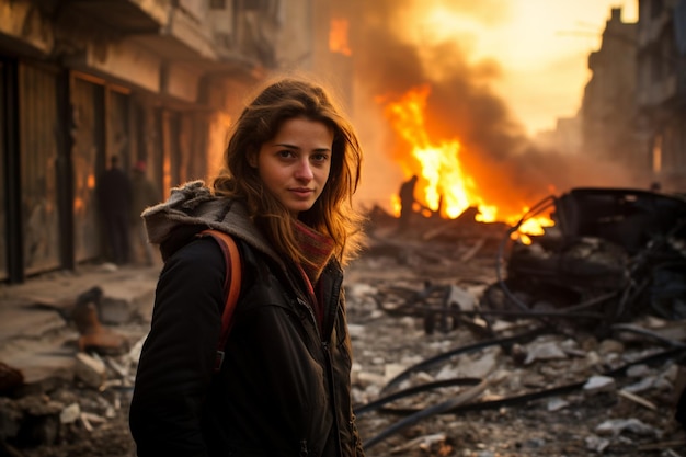 kobieta w strefie działań wojennych z ogniem w tle
