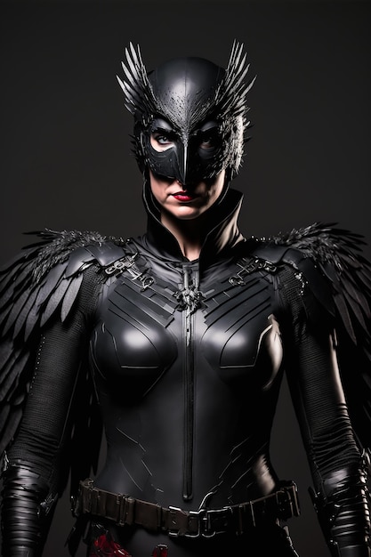 Kobieta w stroju czarnego ptaka z czarnymi pierzastymi skrzydłami.