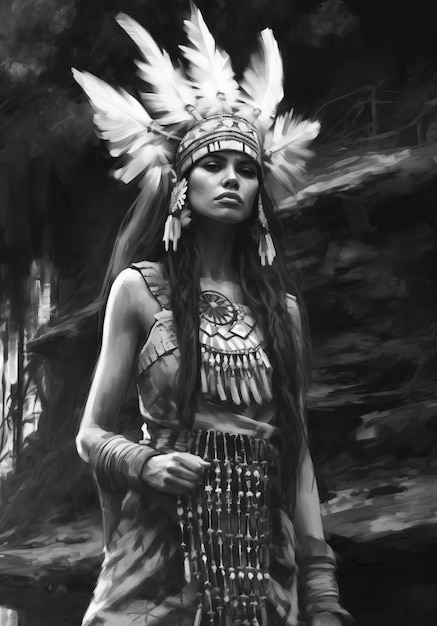 Kobieta w stroju indiańskiego stoi przed kamienną ścianą