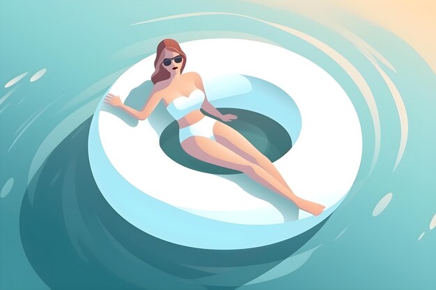 Kobieta w stroju kąpielowym pływa na białym kręgu w wodzie.