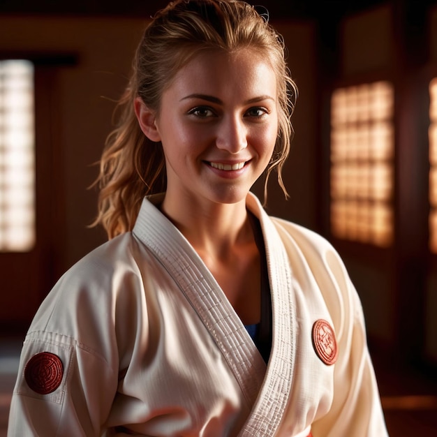 Kobieta w stroju karate uśmiecha się.