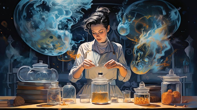 Zdjęcie kobieta w stroju naukowca robiąca herbatę w stylu realizmu z elementami surrealistycznymi