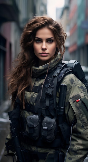 Kobieta w stroju wojskowym pozująca i stojąca