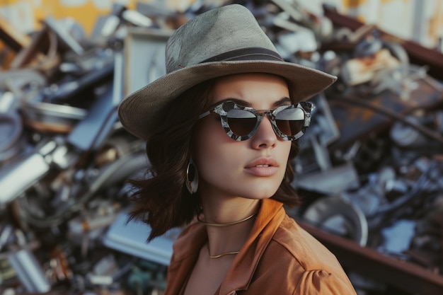 Zdjęcie kobieta w stylowym kapeluszu i okularach przeciwsłonecznych z metalowymi stosami śmieci