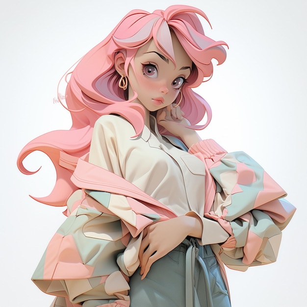 Kobieta w stylu anime z różowymi włosami i różowymi włosmi nosząca różowo-białe kimono generatywne ai