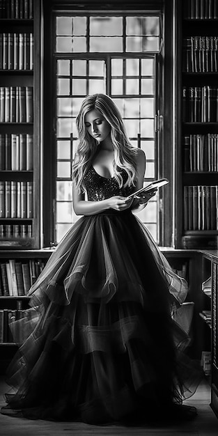 Kobieta w sukience czytająca książkę w bibliotece.
