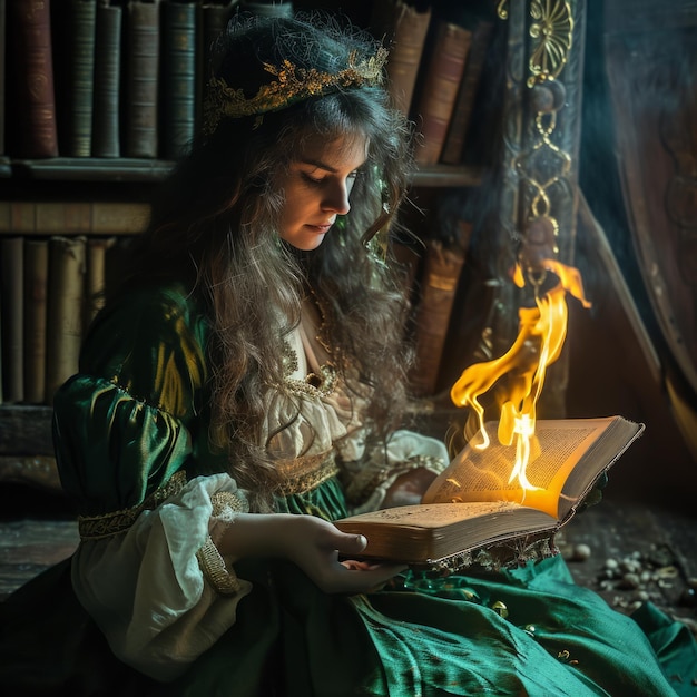 Zdjęcie kobieta w sukience czytająca książkę w ogniu