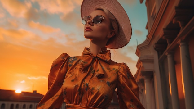 Kobieta w sukience i kapeluszu stoi przed zachodem słońca