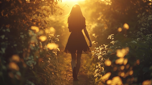 Kobieta w sukience idzie przez las o zachodzie słońca.