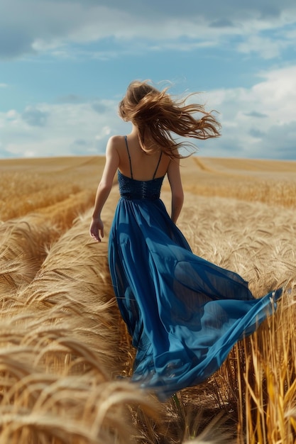 Kobieta w sukience na polu pszenicy Generatywna sztuczna inteligencja