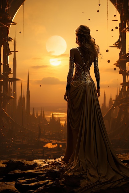 Kobieta w sukience patrząca na zachód słońca