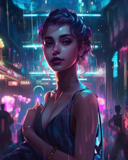 Kobieta w sukience stoi na ulicy w neonowych światłach.