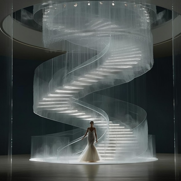 Kobieta w sukience stoi przed spiralnymi schodami.