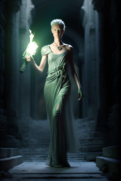 Kobieta w sukience ze światłem w dłoni