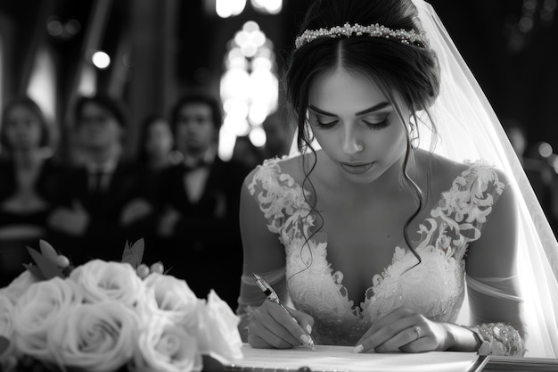 Kobieta w sukni ślubnej pisząca na kawałku papieru