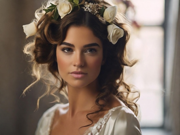 Kobieta w sukni ślubnej z kwiatem we włosach